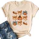 Thanksgiving Shirts for Women Thankful Pumpkin Bow Turkey Graphic T-Shirt Casual Autumn Fall Short Sleeve Tees Tops (M, Beige)