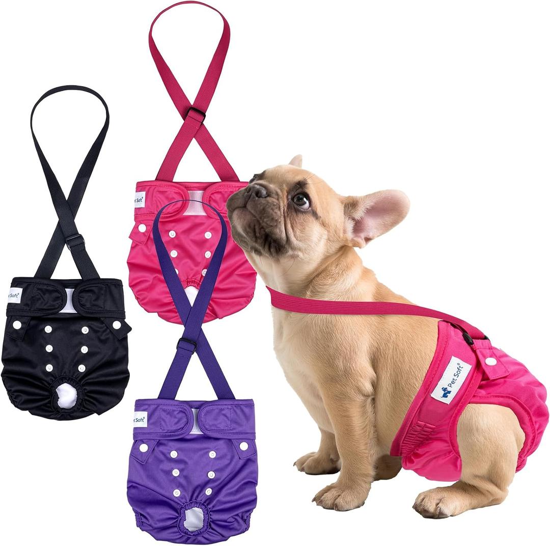 Pet Soft Dog Diapers Female with Suspenders, 3 Pack Reusable Female Dog Diapers for Heat, Dog Period Panties for Doggie in Cycle (X-Small, Berry Mix)