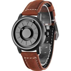 EUTOUR Mens Magnetic Watches 40mm Black Analog Quartz Wrist Magnet Watch Waterproof with Beads Bearing Design and 20mm Brown Leather Watch Band for Business Casual Fashion Ideal Gift Idea for Men