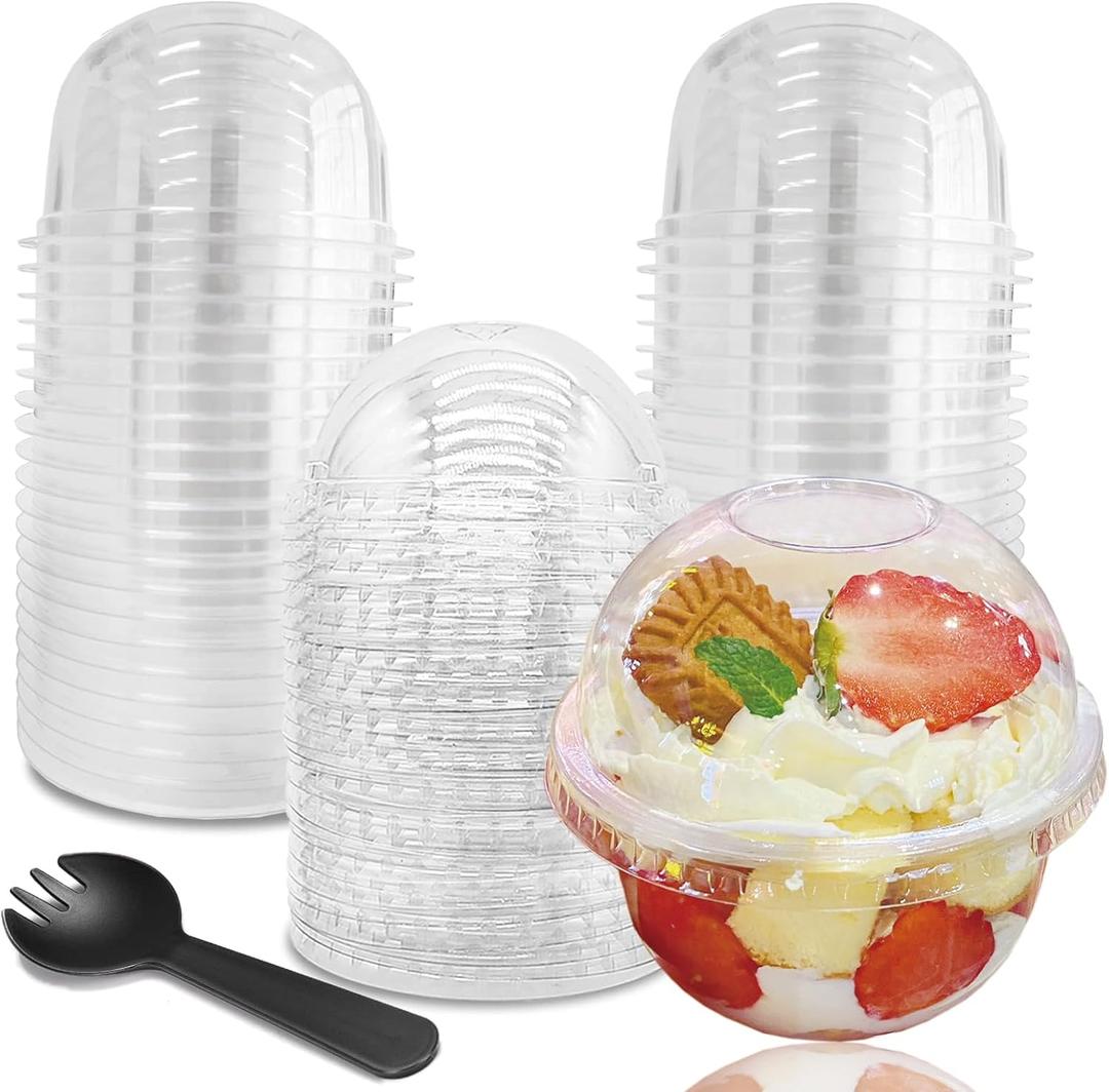 50 Pack Plastic Cups with Dome Lids and Spoons, 8 oz Clear Dessert Cups with No Hole Lids, Mini Disposable Parfait Cups for Fruit Ice Cream Pudding Yogurt Trifle