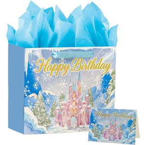 PrintGuru 13 Large Birthday Gift Bag with Tissue Paper and Greeting Card, Frozen Gift Bag with Ribbon Handles For Girls Women Kids Birthday, 13W x 10.2H x 4.9D (Princess Castle, Snowflake, Blue, Pack 1)
