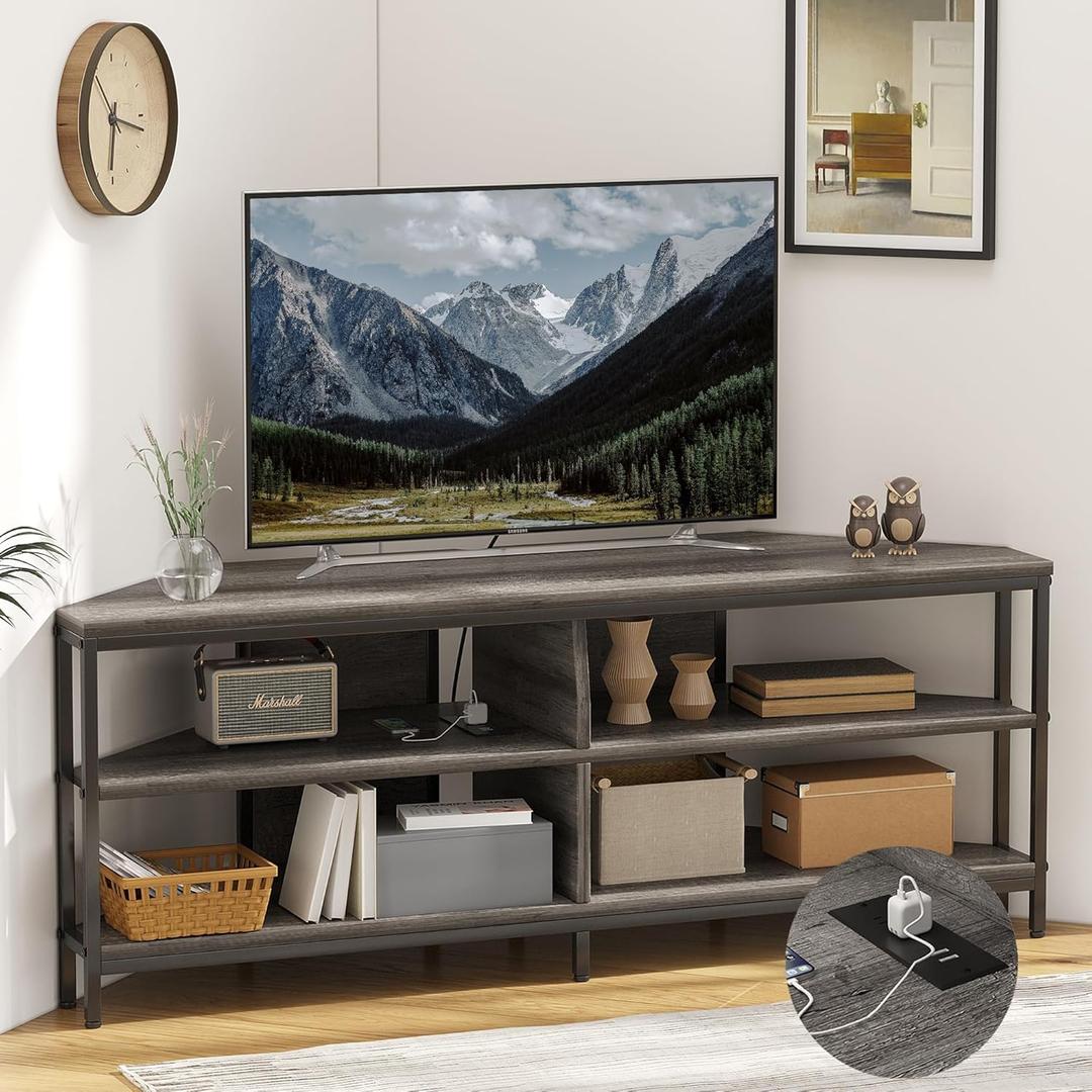 MUTUN Corner TV Stand with Power Outlet, Corner TV Stand for 32 43 50 55 60 Inch TV, Corner Entertainment Center, Industrial TV Console Table for Living Room Bedroom, 55 Inch, Grey Oak