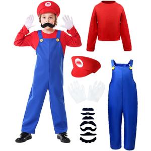 Halloween Costume Kids Plumber Jumpsuit with Hat Gloves Moustache Costume Accessories Set (Medium(7-8 Years), Red)