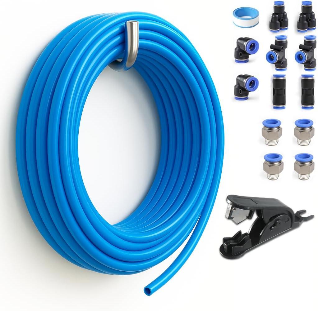PU Air Line Kit 6mm OD x 4mm ID  32.8ft Blue Flexible Hose with Push to Connect Fittings, Tube Cutter  Pneumatic Air Tubing Kit for Compressor, Air Tools, Laser Assist