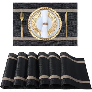 FAVE Placemats Set of 6 Black Placemats Woven with Golden Thread Durable and Wipeable Vinyl Placemat Set of 6 for Wedding, Banquet, Birthday, Party, Restaurant DecorationsBlack (12"x18"-6PCS)