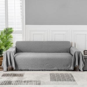 MEETSKY Sofa Covers Washable Couch Covers Throw Sofa Cover Sofa Slipcover for Most Shape Sofas Decor Cotton Polyester Blend Thick Sofa Throw Cover with Tassels (Large: 71" x 102", Grey)