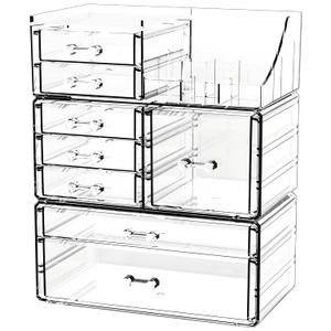 Acrylic Clear Makeup Organizer Countertop,Stackable Skincare Organizer for Vanity With 8 Drawers,Large Plastic Desk Accessories Organization,Bathroom Cosmetic Organizer Countertop for Beauty,Skin Care (8 Drawers-Set of 3)