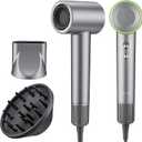 High Speed Ionic Hair Dryer, 160,000 RPM Brushless Motor for Fast Drying, 3.7 Billion Negative Ions for Smooth Hair, Low Noise Portable Blow Dryer with Diffuser & Concentrator, Grey