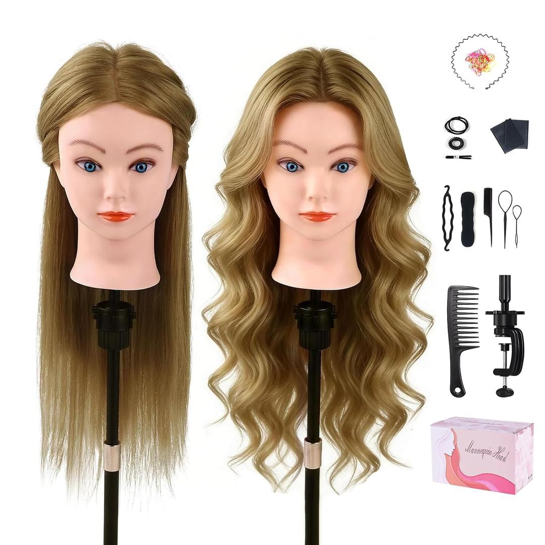 TopDirect 80% Mannequin Head Human Hair,26"Real Hair Cosmetology Mannequin Manikin Head Hair Braiding Hairdressing Practice Training Doll Head Styling with Clamp Holder and Tools(Ash Brown)