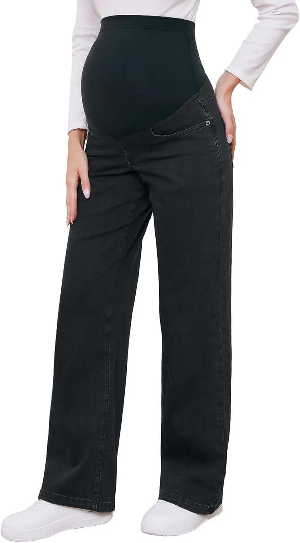 fitglam Women's Maternity Jeans Straight Leg Relaxed Fit Over Belly Pregnancy Denim Work Pants Maternity Clothes with Pockets, Size Medium 