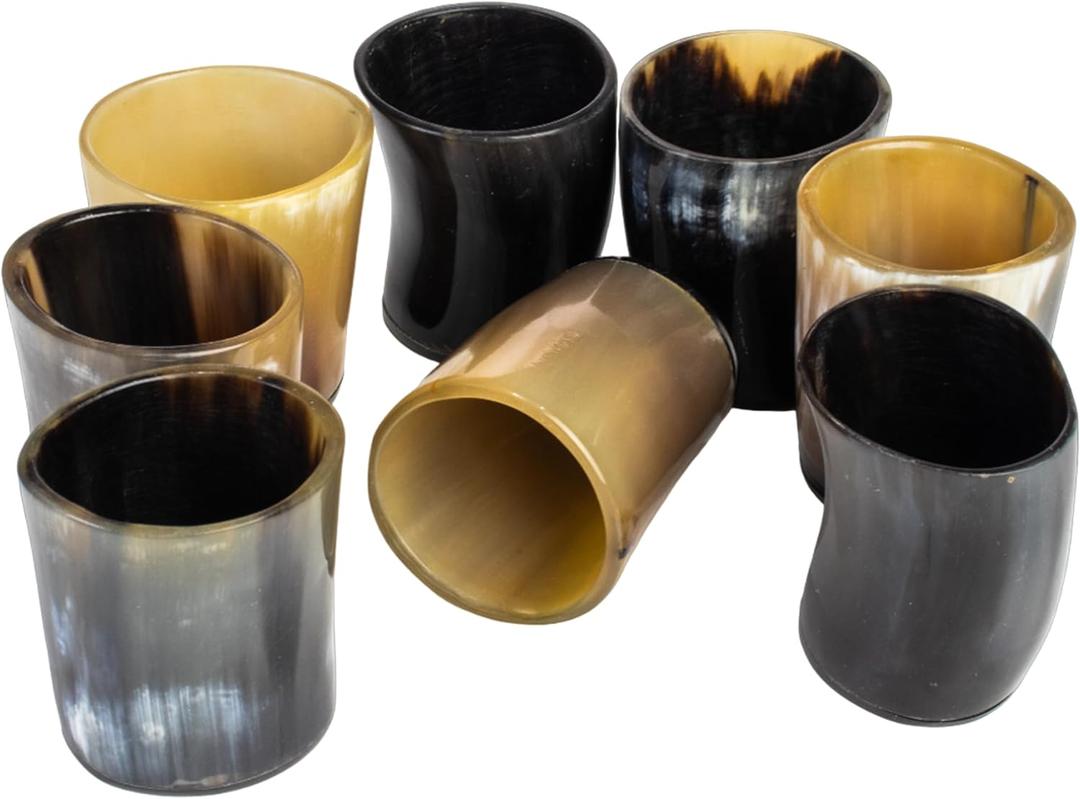 Handicrafts Home Handmade Horn Shot Glasses Set of 8, 3 oz Natural Viking Drinking Whiskey Shots for Cocktails & Parties- Medieval Decor Gift Set for Men & Groomsmen, Unique Bar Shot (Plain)