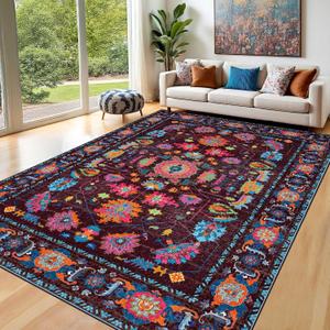 Purple Living Room Area Rug Washable Non Slip Low Pile 6x9 Vintage Oushak Stain Resistant Soft Oriental Rugs for Bedroom, Dining Room, Kitchen, Indoor Leisure Rooms, Nova Burgundy Fuchsia Orange Soda