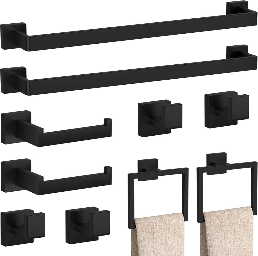 10-Pieces Matte Black Bathroom Accessories Set, 23.6 Inch Bath Towel Bar Set, SUS 304 Stainless Steel Bathroom Hardware Set, Towel Racks for Bathroom Wall Mounted
