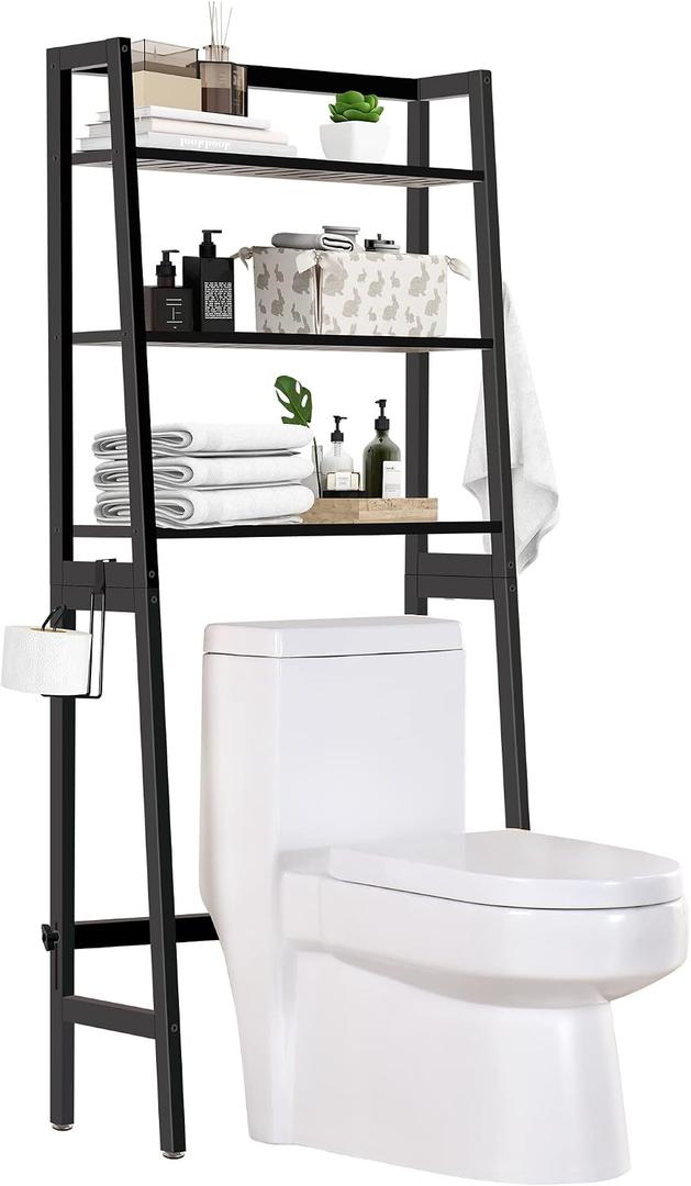 MallKing Over The Toilet Storage, Wooden 3-Tier Over-The-Toilet Rack Bathroom Space Saver Organizer, Freestanding Above Toilet with Toilet Paper Holder and Hooks (Black), 25.59W*11.02D*61.42H