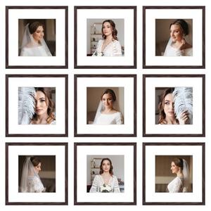 BSRHOME 12x12 Picture Frame Set of 9, Display Pictures 8x8 with Mat or 12x12 without Mat, Multi Collage Gallery Square Photo Frames for Wall or Tabletop, Brown