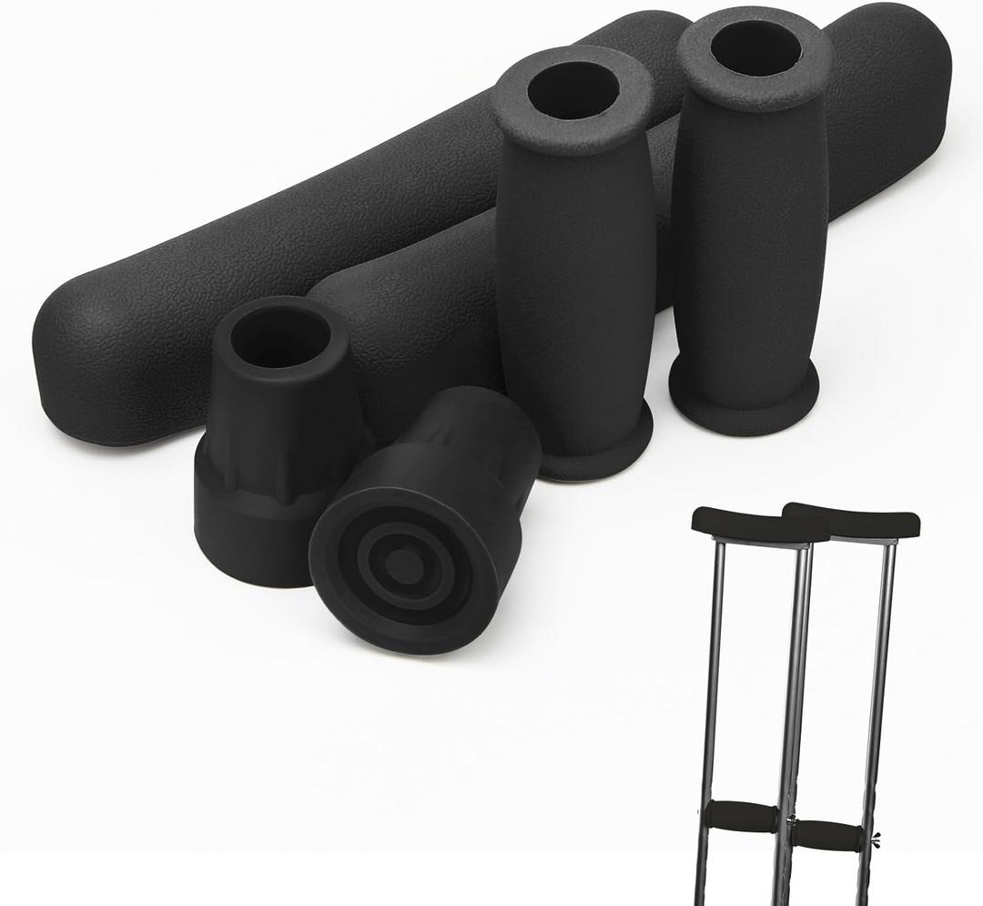 Replacement Crutch Pads, Ahier Padding for Walking Arm Crutches, Hand Grips, and Feet Caps, Fits Standard Aluminum Crutches 6 Pieces-Set (Black)