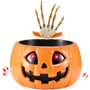 Halloween Candy Bowl Animated Pumpkin Candy Holder with Moving Skeleton Hand Creepy Sound and Red Eyes for Halloween Decorations Indoors and Trick or Treats