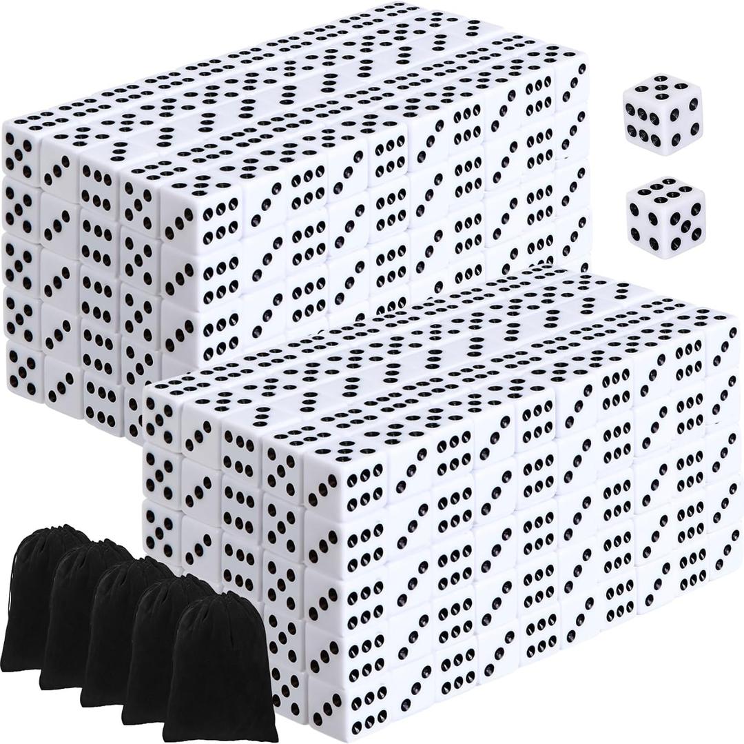 500 Pieces 16mm Dice Bulk 6 Sided Dice Set with 5 Pieces Drawstring Pouches Standard Game for Math Learning Classroom Teaching Board Game(White)