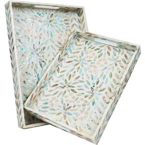 Serving Trays Handmade Trays for Serving Mother of Pearl Inlay Decorative Tray Room Decor, Coffee Table Tray Set of 2 Trays Decor for Ottoman Length 16'' and 14''