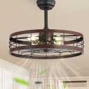 LEDIARY 22 inch Caged Ceiling Fan with Light, Fandelier Industrial Ceiling Fan with Remote, Farmhouse Fan Lights Ceiling Fixtures for Kitchen, Bedroom, Outdoor6 Speed, Timing-Walnut