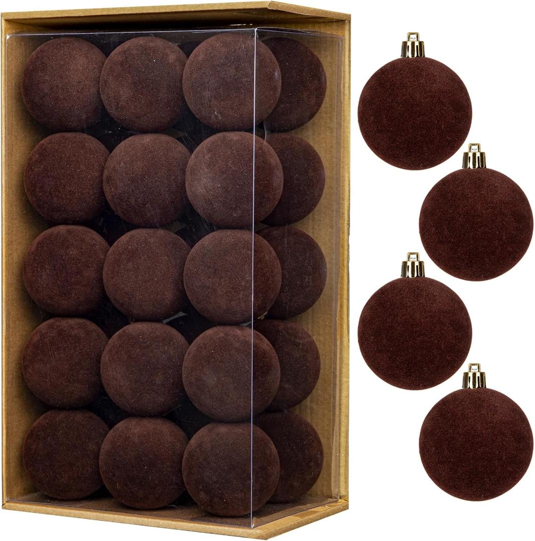 30PCS Velvet Christmas Ball Ornaments Set, 2.36" Shatterproof Baubles for Christmas Tree Decorations, Hanging Baubles with Soft Velvet Finish for Thanksgiving Holiday Party Dcor, Dark Brown