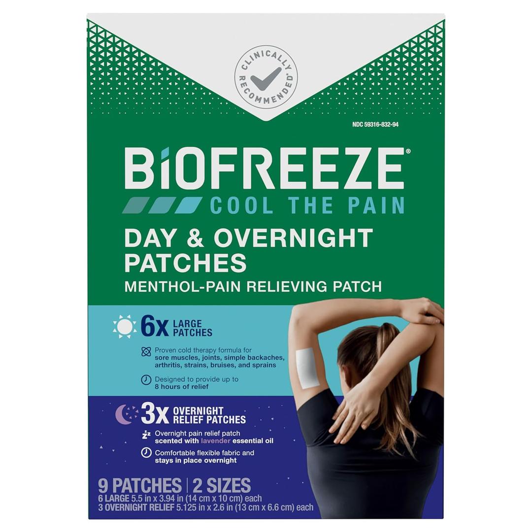Biofreeze Day & Overnight Pain Relief Patches, Menthol Pain Patches for Arthritis & Muscle Pain Relief, Comfortable & Flexible Fabric Stays in Place, FSA/HSA Eligible, 9 Patches (6 Day, 3 Night) (9 Count (Pack of 1)) Exp 10/2026