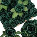25pcs Emerald Green Artificial Flowers Foam Fake Dark Hunt Green Rose with Stems 8 Leaves Real Looking Faux Roses for Wedding Bouquets Bridal Shower Centerpieces Arrangements Party Tables Decorations