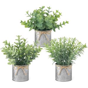 Mkono Mini Fake Plants in Farmhouse Galvanized Metal Pots 3 Pack Small Potted Artificial Plant Eucalyptus for Laundry Room Bathroom Shelf Table Decor (Grey)