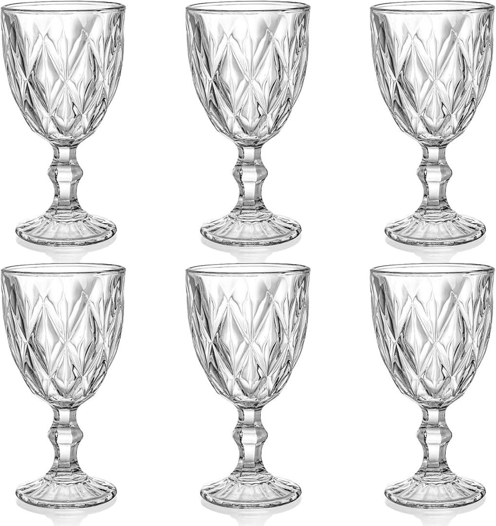 SOUJOY 6 Pack Glasses Goblet, 10oz Vintage Embossed Glass Cup, Beverage Stemmed Party Wine Glasses for Soda, Juice in Bars, Restaurants, Home