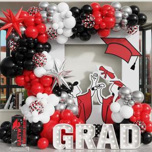 139Pcs Red and Black Balloon Arch Garland Kit for Graduation Party Decorations,Red Black White Silver Confetti Explosion Star Balloons for Class of 2026 Congrats Grad Celebrations Birthday Supplies