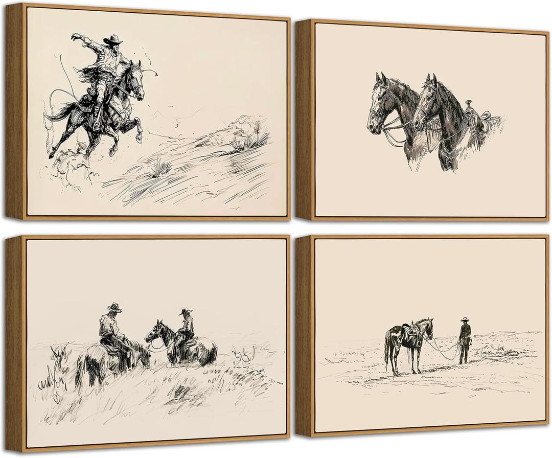 4Pcs Framed Western Cowboy Canvas Wall Art Vintage Neutral Western Painting Picture Wall Decor Black White Sketch Poster Print Artwork for Farmhouse Bedroom Gallery Living Room Home Decoration 8x10in