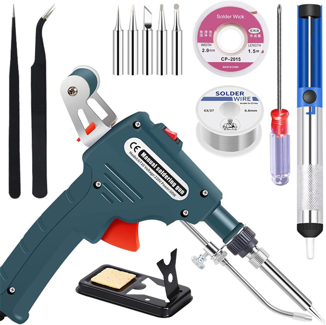 Soldering Iron Kit, 60W Hand-held Automatic Soldering Gun with Solder Wire, Desoldering Pump, Tweezers, Iron Tips, Stand, for Jewellery, Home DIY, Circuit Board Repair