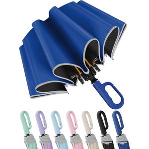 Seniny Travel Umbrella with Carabiner Handle, Windproof Large Umbrellas for Rain with Dual-Rib Structure, Portable Compact Umbrella with Reflective Strip, Car Backpack UV Umbrellas for Sun Protection