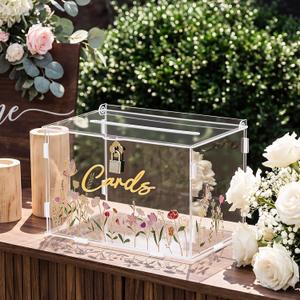 Novabright Clear Acrylic Wedding Card Box with Lock, DIY Decorative Card Box with 3D Wildflower Stickers & Gold Mirror Letters, Transparent Money Gift Holder for Reception Birthday Baby Shower Party