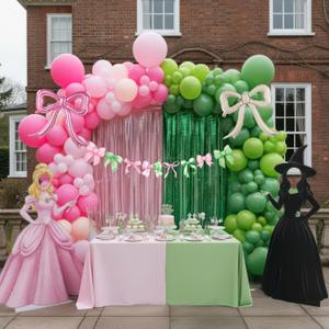 Spring Pink and Green Party Decorations with Bow foil Balloons & Tinsel Foil Fringe Curtains cute Bow Banner for girl baby in bloom baby shower woodland Safari wild one theme party decorations