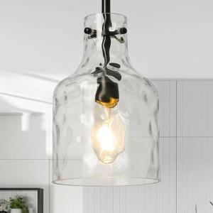 WILON Industrial Glass Pendant Lights for Kitchen Island, Modern Black Pandent Light Fixture 7" Hammered Glass Shade Farmhouse Pendant Lights Adjustable Rod Hanging Light for Kitchen Sink Dining Room (1-Light-Large)