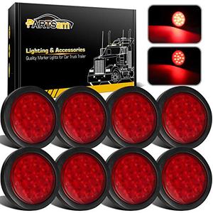 Partsam 8Pcs 4" Round Red LED Trailer Tail Light, 4 Inch Round Led Stop Turn Tail Lights Brake Brake Trailer Lights for RV Trucks, Rubber Grommets and 3-Prong Wire Pigtails Included