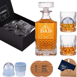 Gifts for Men Dad, Whiskey Decanter Set with Gift Box, Unique Christmas from Daughter or Son, Perfect Birthday and Retirement Present for Men - Includes 2 Ice Molds, 2 Coasters, and a Gift Card, 7 Count