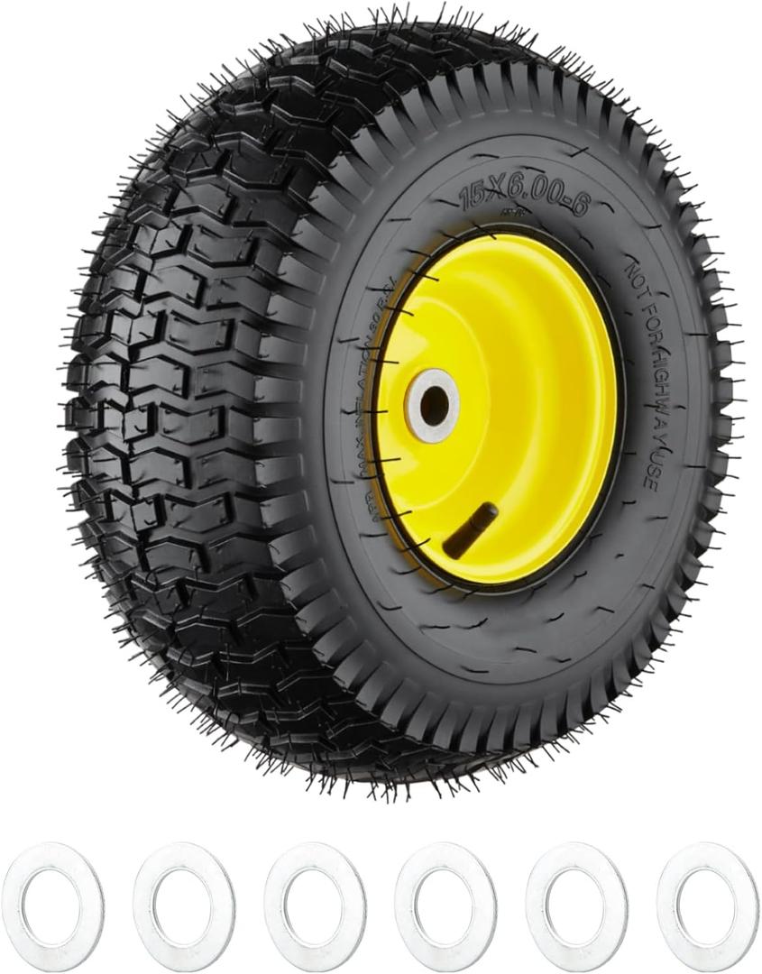 15x6.00-6 Lawn Mower Tires, 4 Ply Lawn Mower Tires 15x6x6, Front Lawn Tractor Tires, 3 Offset Hub Long with 3/4 Bushings Garden Tire for Riding Lawn Mower by Cubesprings - 1Pack