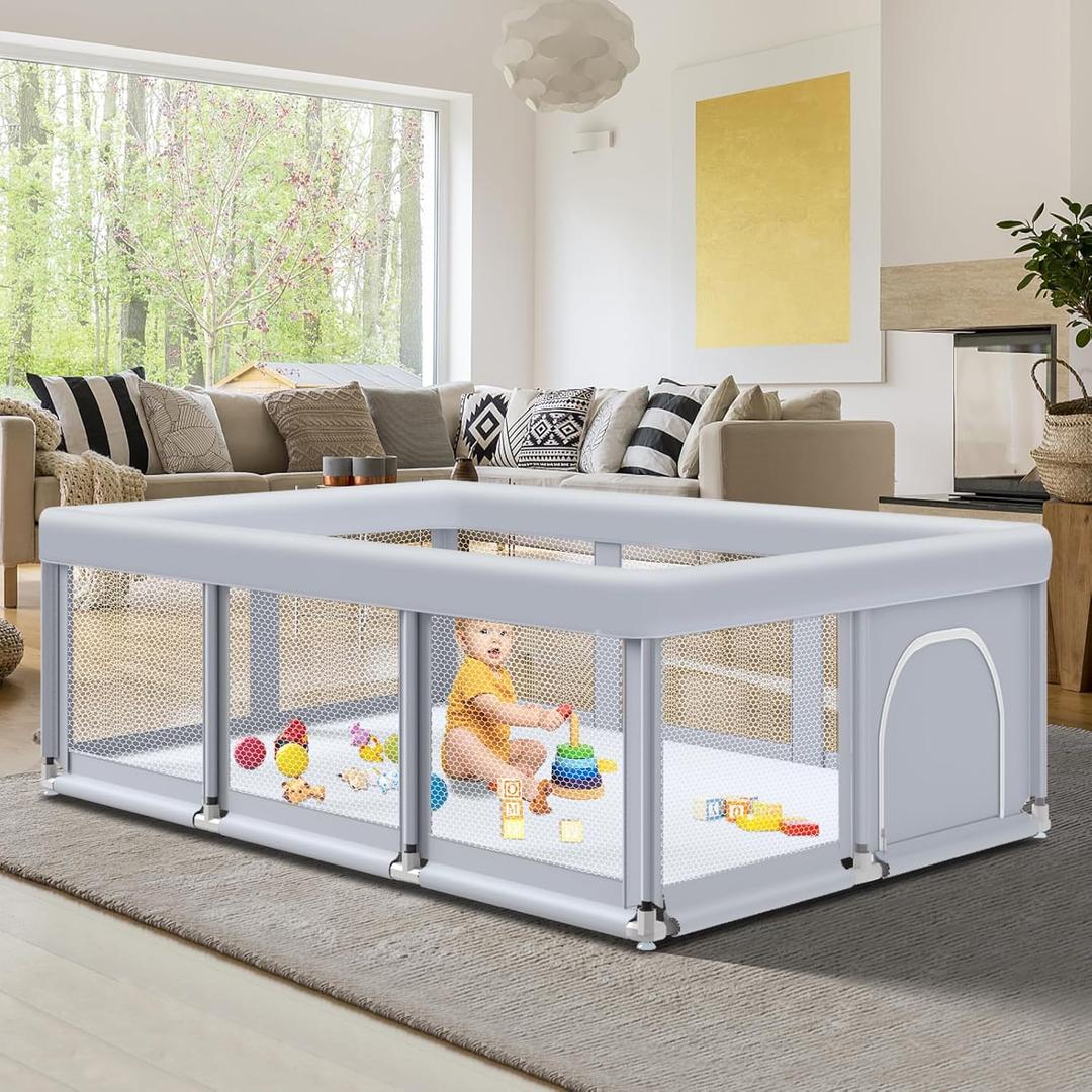 74" 50" Large Baby Playpen, Baby Playard for Babies and Toddlers, Baby Fence Play Pens for Indoor & Outdoor, Sturdy Safety Play Yard with Soft Breathable Mesh, Anti-Fall, Grey