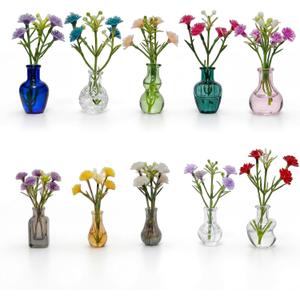 10-Pack Magnetic Mini Clear Glass Bud Vases for Fridge - Strong Magnets, Leak-Proof Propagation Vases with 10 Faux Flowers for Mom, Locker and Cubicle Decor(Sea Glass Green)