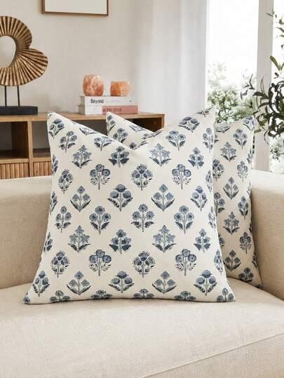 Btyrle Vintage Botanical Throw Pillow Covers Set of 2, 16x16 Inch Cream White Linen Decorative Cushion Covers with Blue Pink Green Floral Print, Rustic Farmhouse Style for Sofa Couch Bed