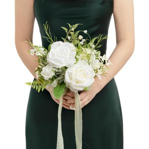 Ling's moment Lily White Artificial Wedding Flower Bouquets for Bridesmaids Floral Bouquet 7 Inch Bridesmaid Bouquets with Ribbon Ceremony Anniversary,7-inch Diameter (Wht-lily of the Valley White)