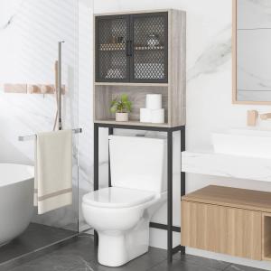 Launica Over the Toilet Storage Cabinet, Over Toilet Bathroom Organizer with Mesh Doors and Shelves, Freestanding Bathroom Storage Cabinet Above Toilet, Wood and Metal, Light Grey Oak