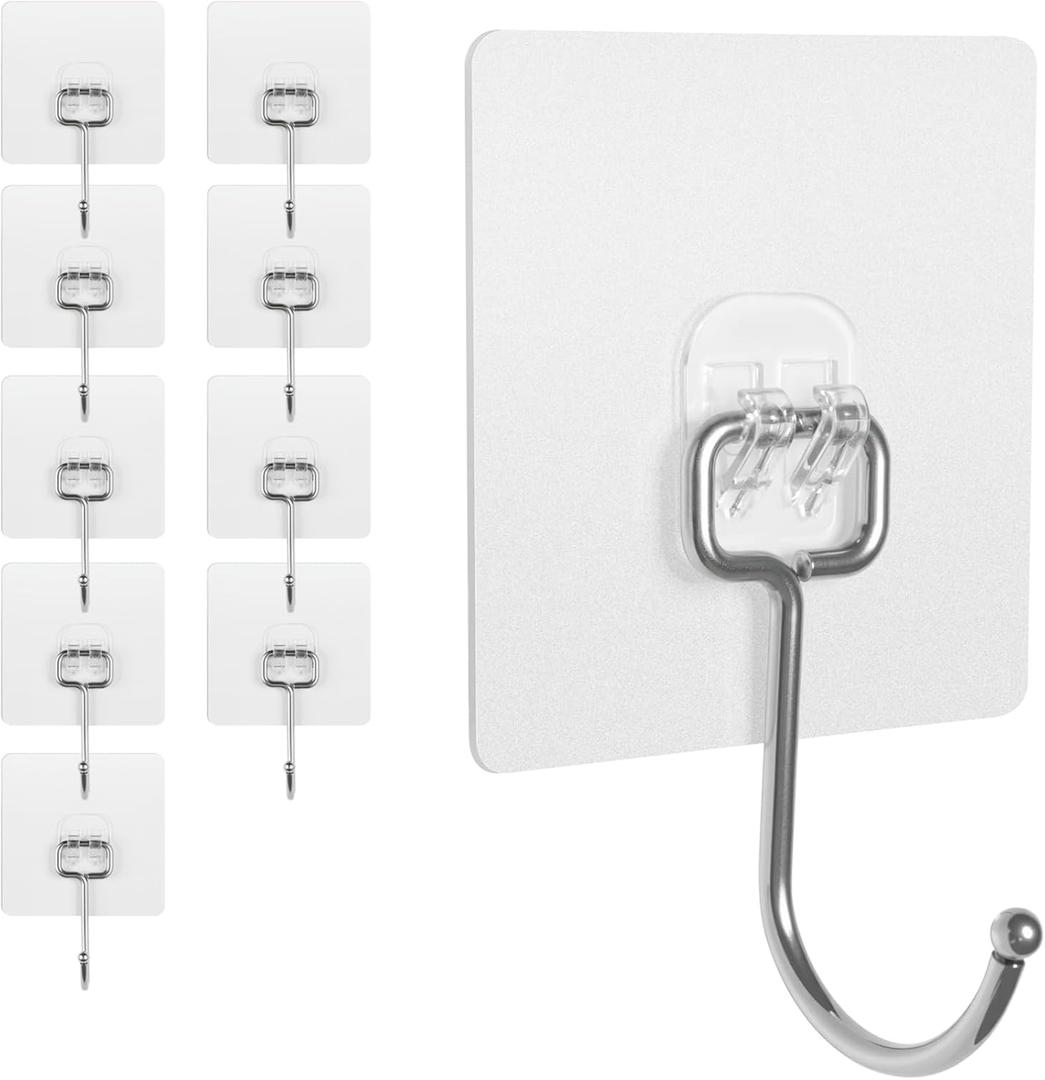 Adhesive Wall Hooks for Hanging - 60lb Heavy Duty Waterproof & Rustproof, Sticky Hooks for Walls No Damage, Kitchen/Bathroom/Rental (Ganchos para Pared) 10-Pack (transparency)