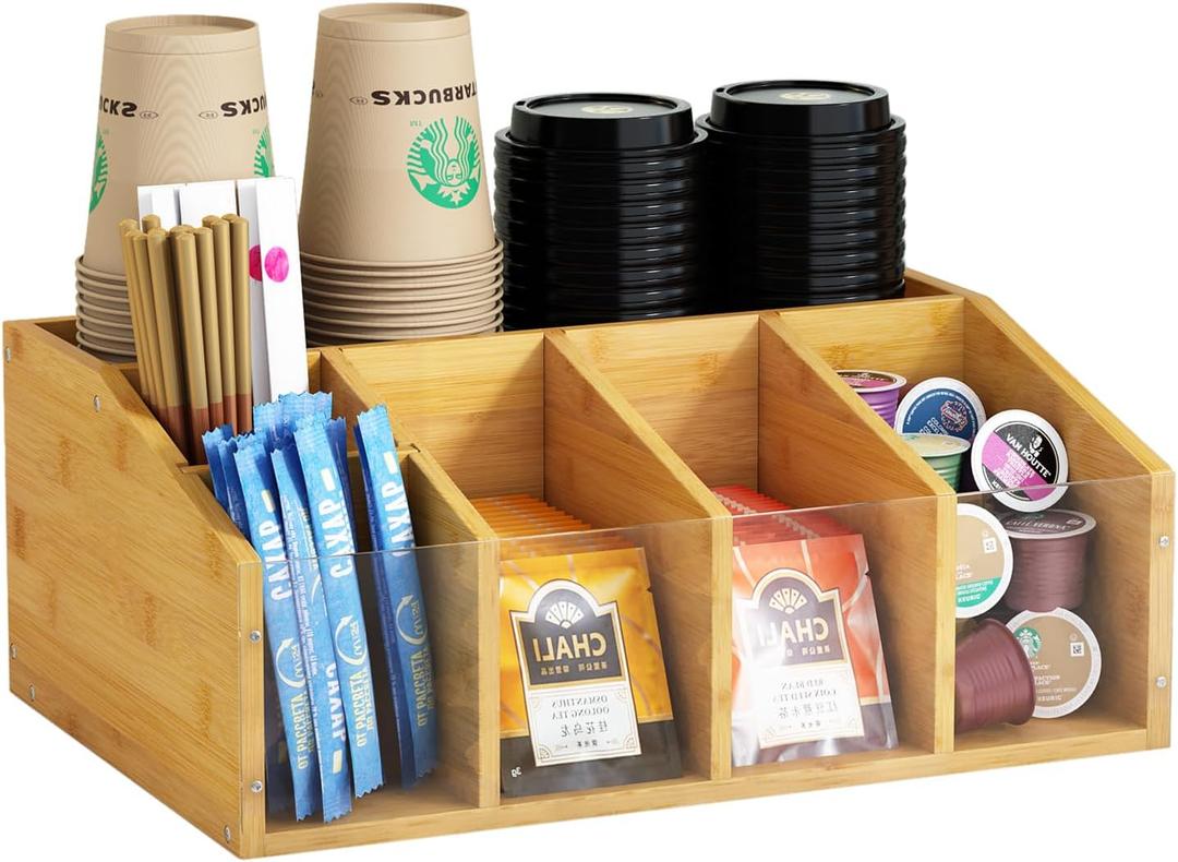 Coffee Station Organizer Condiment Organizer for Countertop Farmhouse Coffee Caddy with Removable Dividers Small Cute Office Bar Accessories for Tea Bags, Pods, Syrup, Cups, and Stirrer