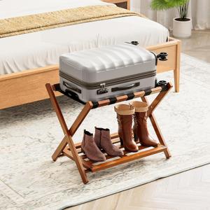 SpaceAid Fully Assembled Luggage Rack 1 Pack, Bamboo Foldable Suitcase Stand for Guest Room, Heavy Duty Folding Luggage Holder with Storage Shelf for Bedroom and Hotel, Walnut