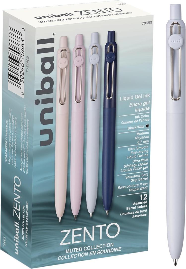 uni-ball Zento Gel Ink Rollerball Pens, 9 Black Medium Point Smooth Writing Pens, Colored Japanese Pens, Muted Colors