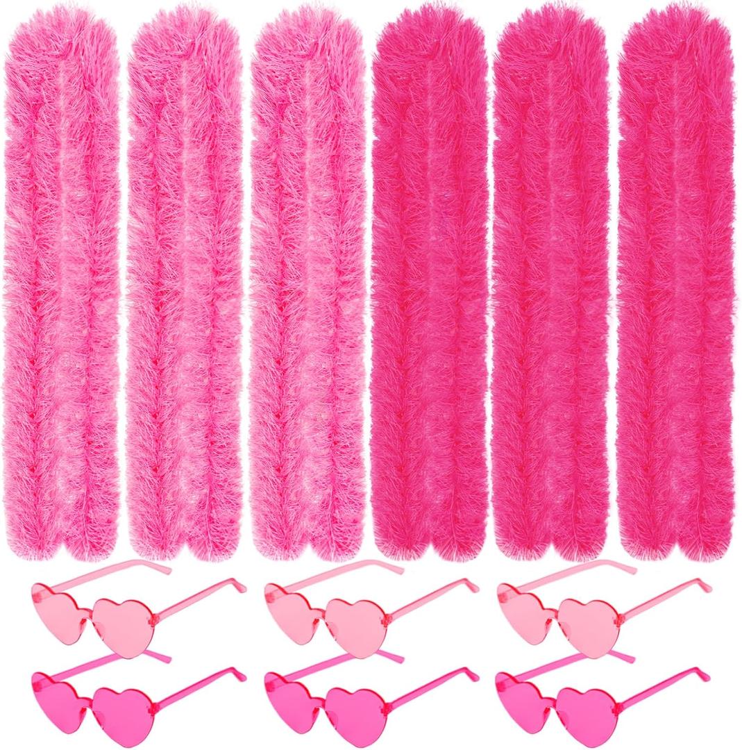 12PCS Feather Boas Party Pack with 6 Artificial Feather Boas 6.6ft and 6 Heart Sunglasses for Birthday Christmas Party (Pink+hot Pink)