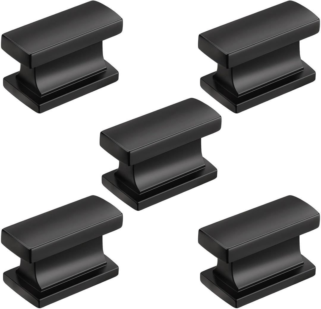 Tauno 5 Pack Elegant Solid Zinc Alloy Black Cabinet Knobs for Kitchen or Bathroom- 1.42 Inch (36mm) Single Hole, Rectangular Handle Pull Design for Cabinets, Drawers and Dressers